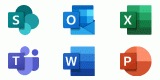 Logo's van de MS Office 365 applicaties SharePoint, Outlook, Excel, Teams, Word en PowerPoint